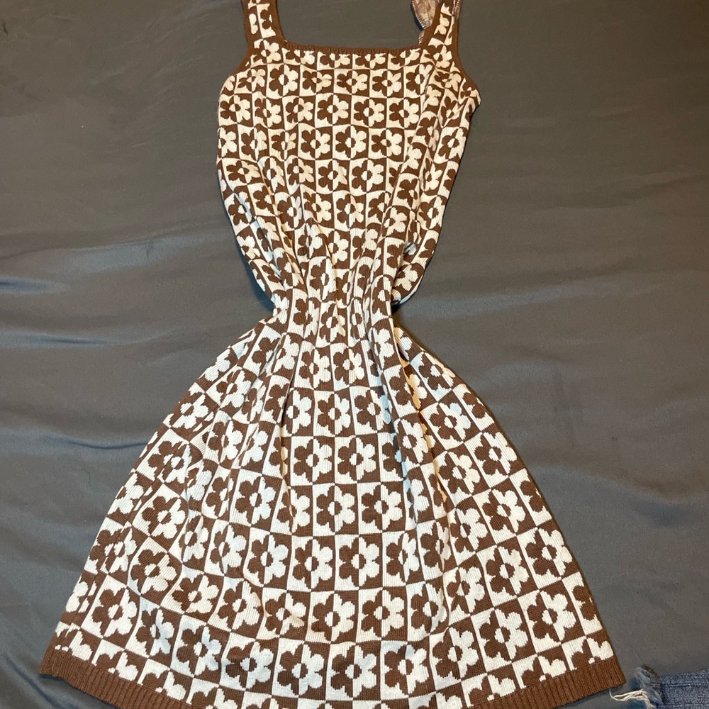 Brown and White Floral Knit Dress